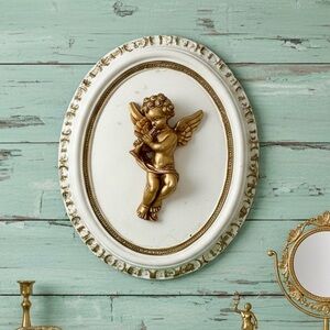 Antique Baroque Handmade Plaster Chalkware Gold Gilt Musical Cherub Wall Plaque